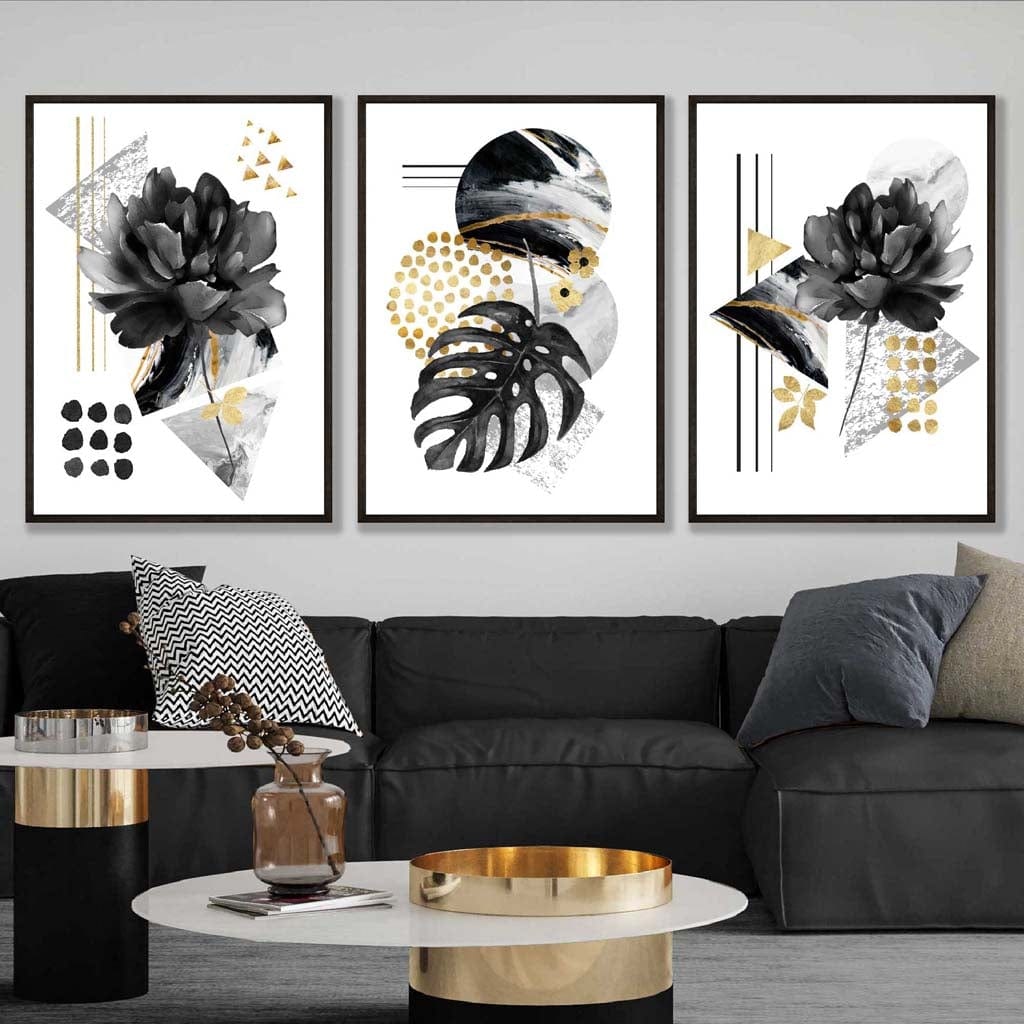 Abstrakte botanische Kunstdrucke in Schwarz und Gold / Gerahmt