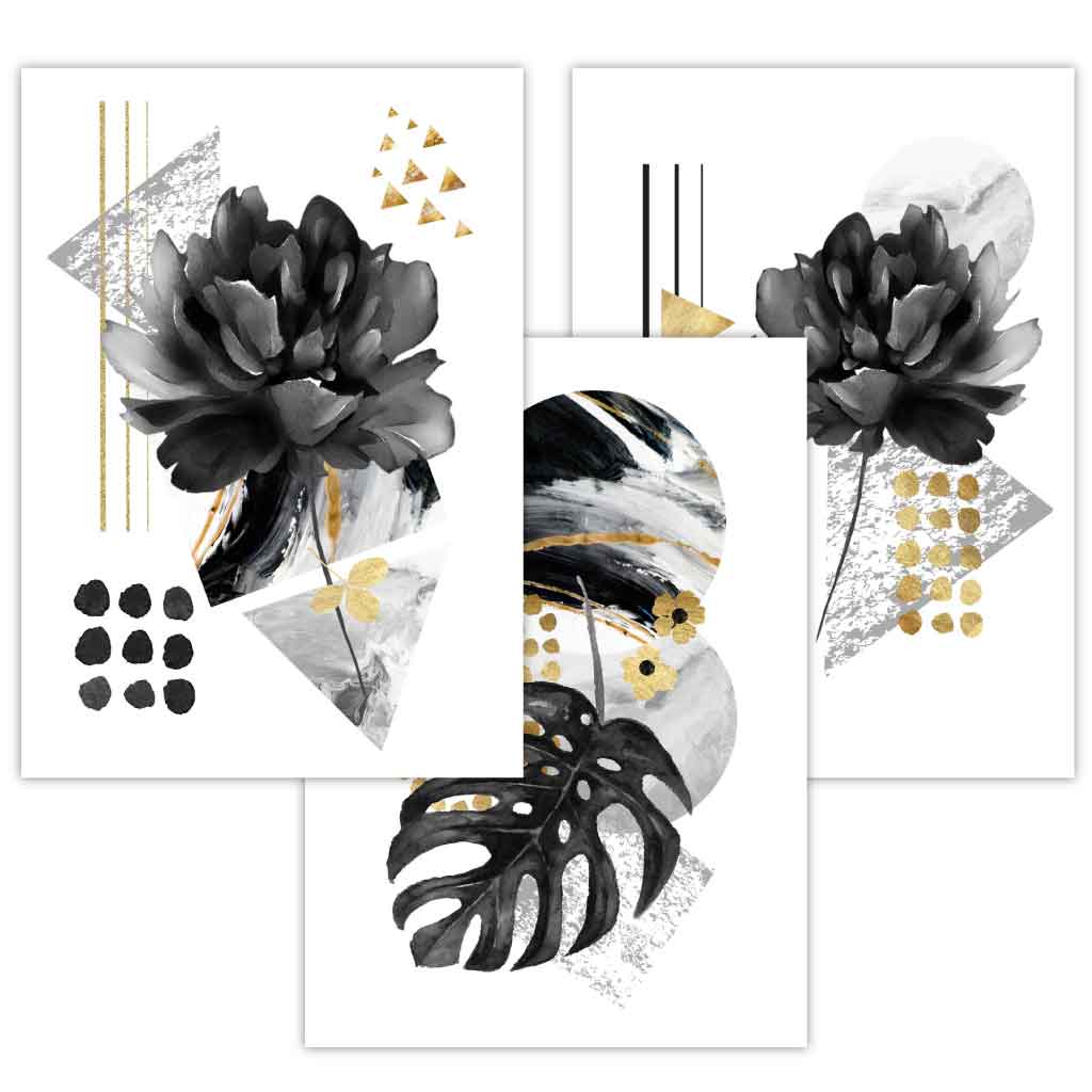 Abstrakte botanische Kunstdrucke in Schwarz und Gold / Gerahmt
