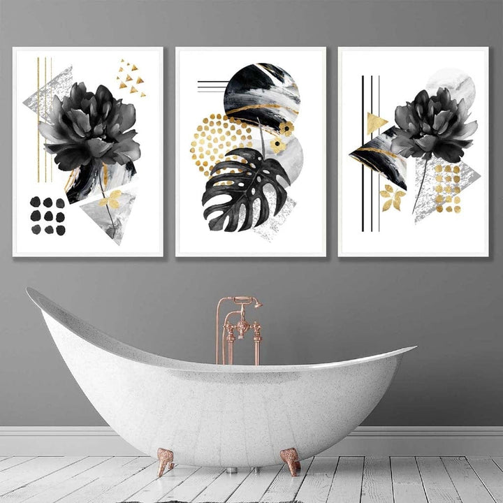 Abstrakte botanische Kunstdrucke in Schwarz und Gold / Gerahmt
