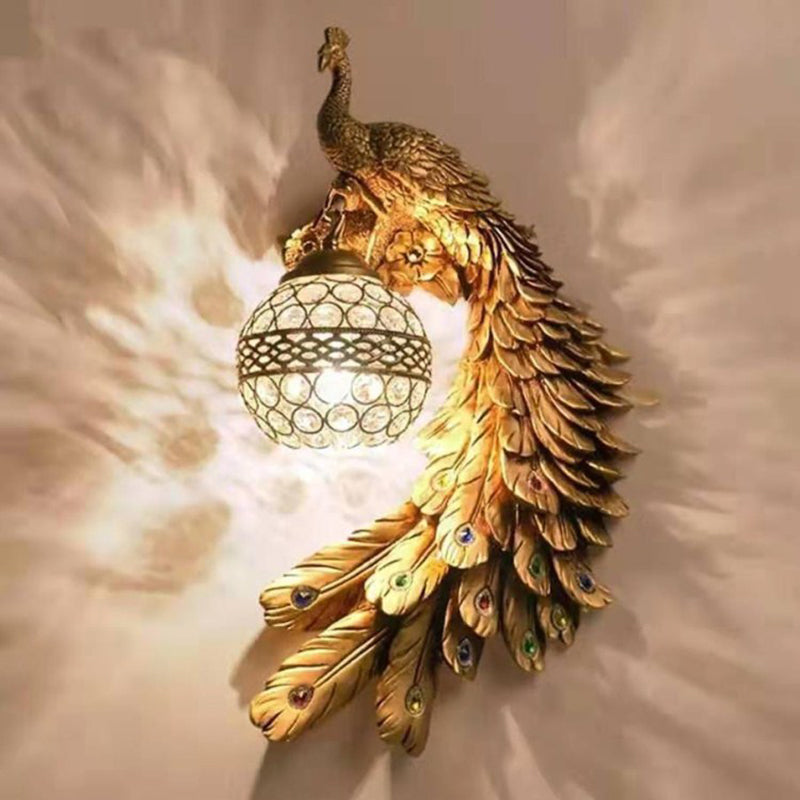 Karnz | Hars Wandlamp Sconces Pauw 1 Licht Traditionele Wandmontage Lamp met Globe Kristal Ingebedde Schaduw