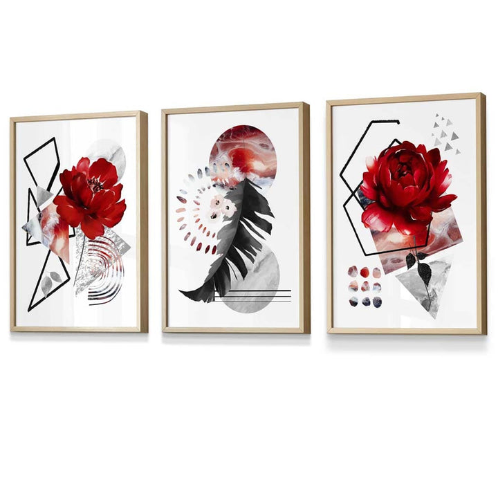 Abstraktes, rot-schwarzes botanisches Set aus 3 gerahmten Wandbildern
