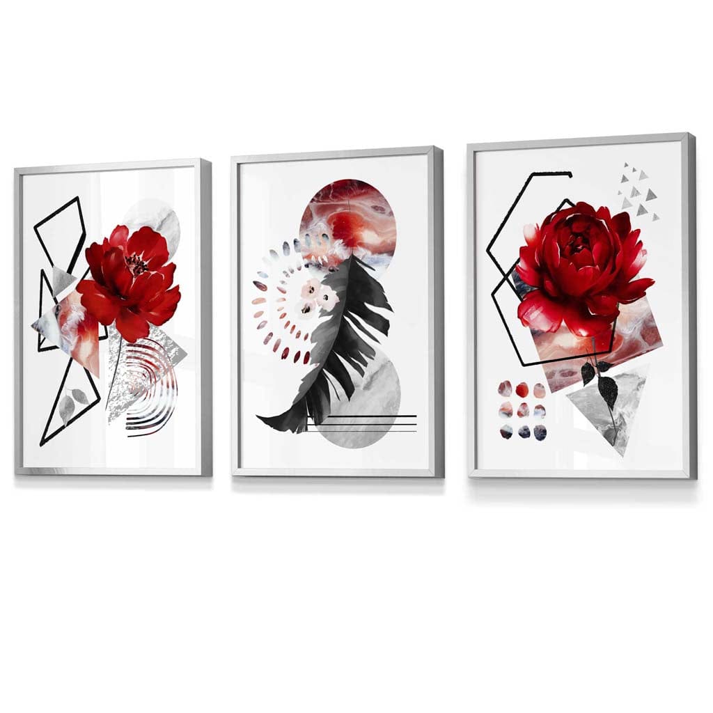 Abstraktes, rot-schwarzes botanisches Set aus 3 gerahmten Wandbildern