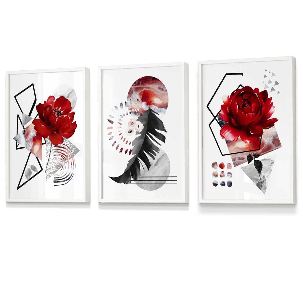 Abstraktes, rot-schwarzes botanisches Set aus 3 gerahmten Wandbildern