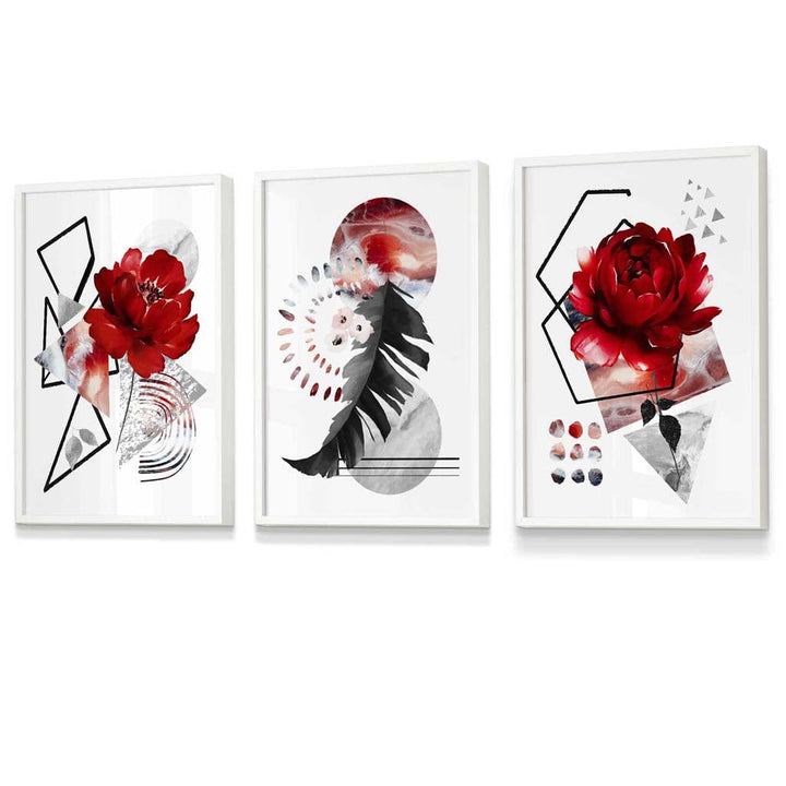 Abstraktes, rot-schwarzes botanisches Set aus 3 gerahmten Wandbildern