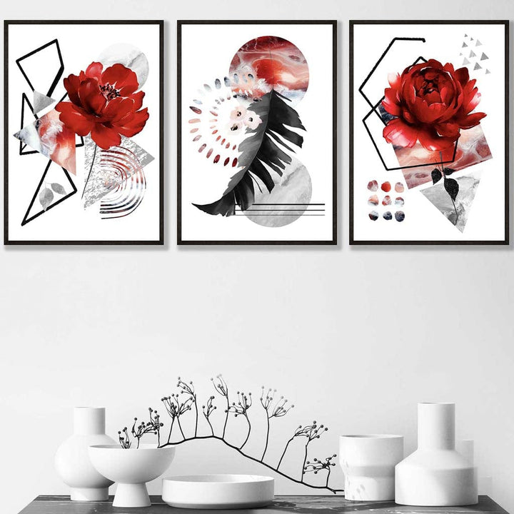 Abstraktes, rot-schwarzes botanisches Set aus 3 gerahmten Wandbildern