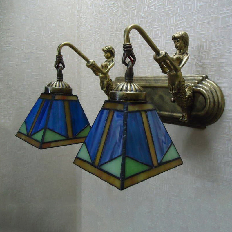 Trapezium Wandmontage Lampe Fixture Tiffany Bronze Geschnittenes Glas Wandbeleuchtung mit Meerjungfrauenarm