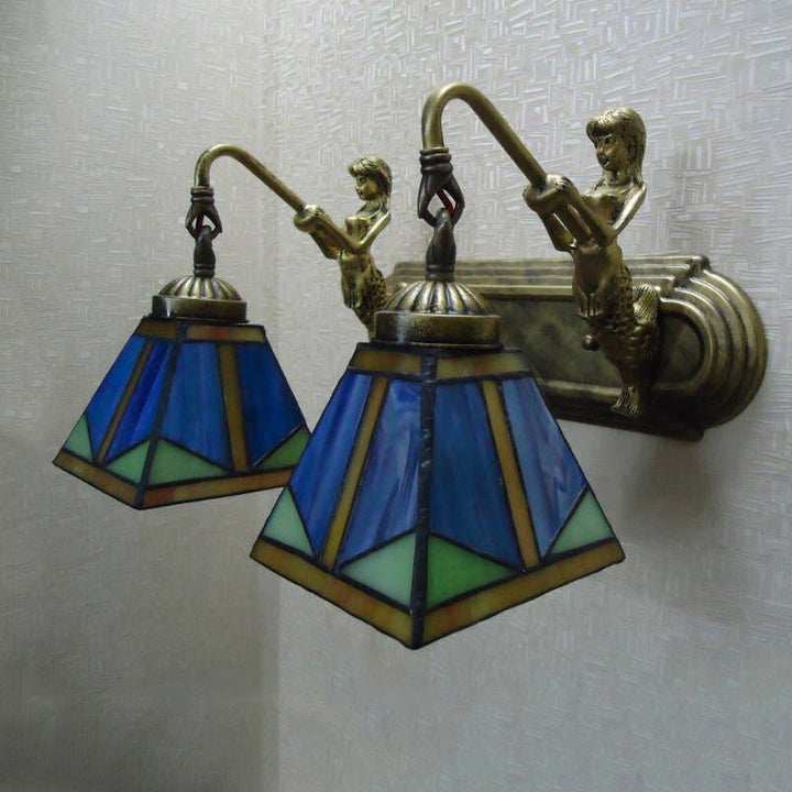 Trapezium Wandmontage Lampe Fixture Tiffany Bronze Geschnittenes Glas Wandbeleuchtung mit Meerjungfrauenarm