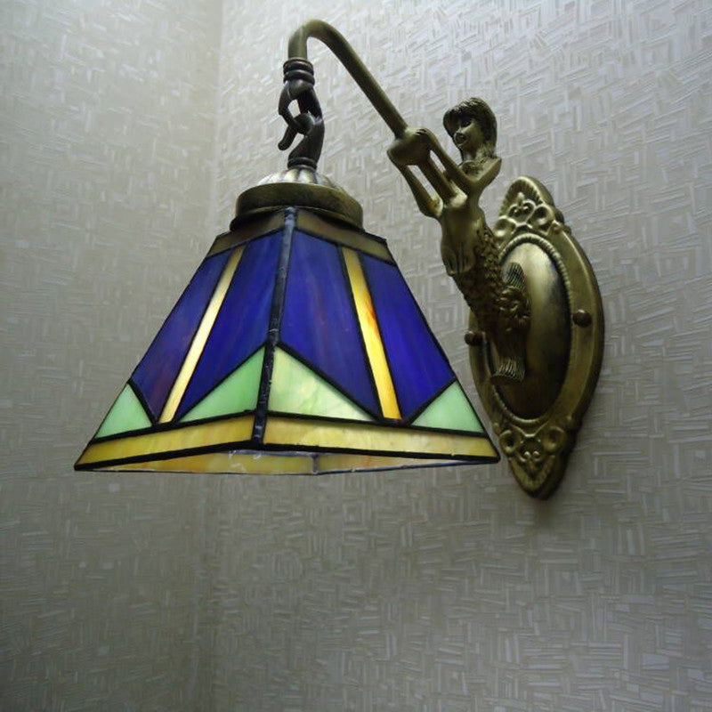 Trapezium Wandmontage Lampe Fixture Tiffany Bronze Geschnittenes Glas Wandbeleuchtung mit Meerjungfrauenarm
