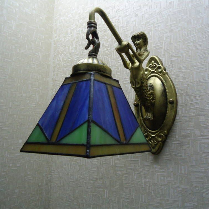 Trapezium Wandmontage Lampe Fixture Tiffany Bronze Geschnittenes Glas Wandbeleuchtung mit Meerjungfrauenarm