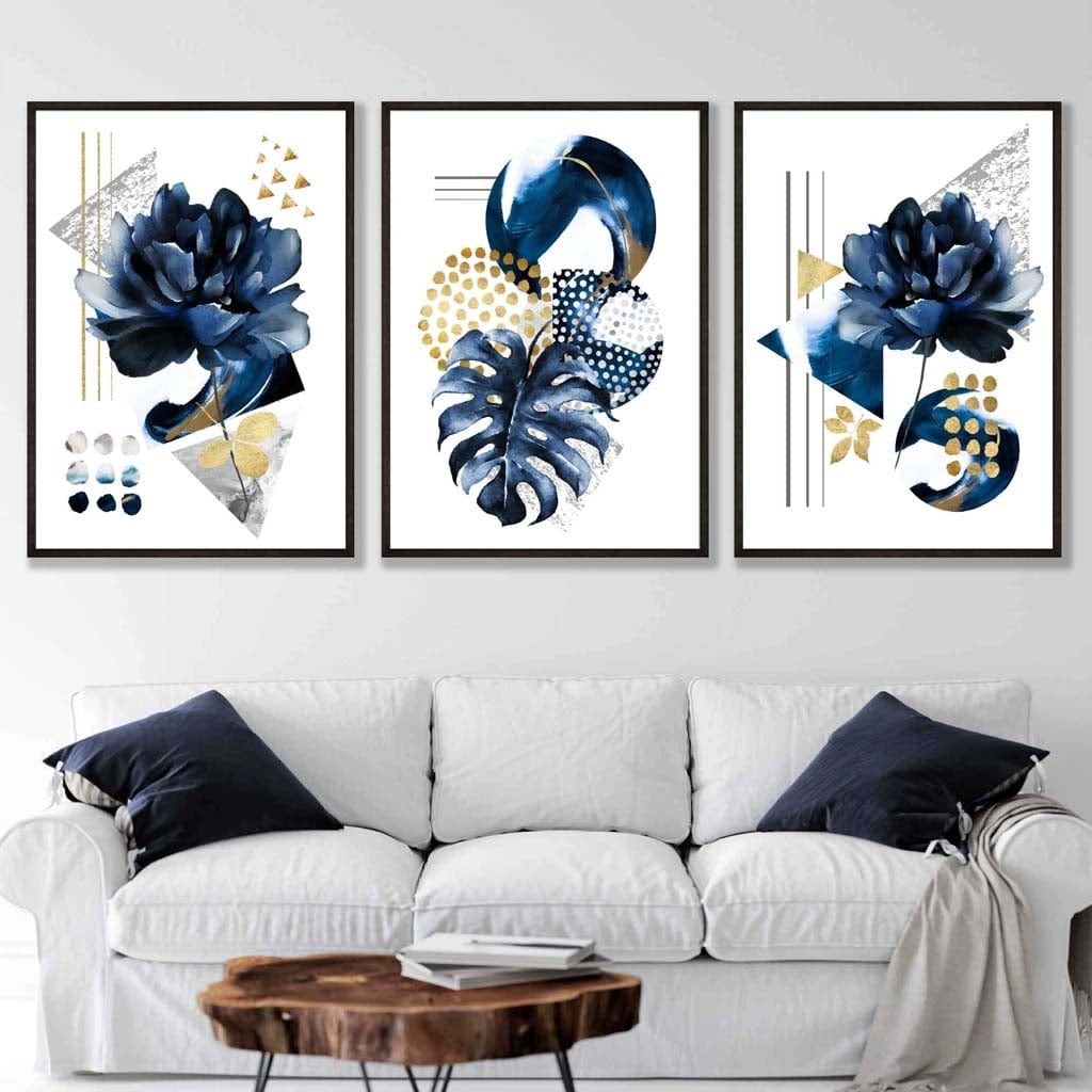 Abstraktes maritimes und goldenes botanisches Set aus 3 gerahmten Wandbildern