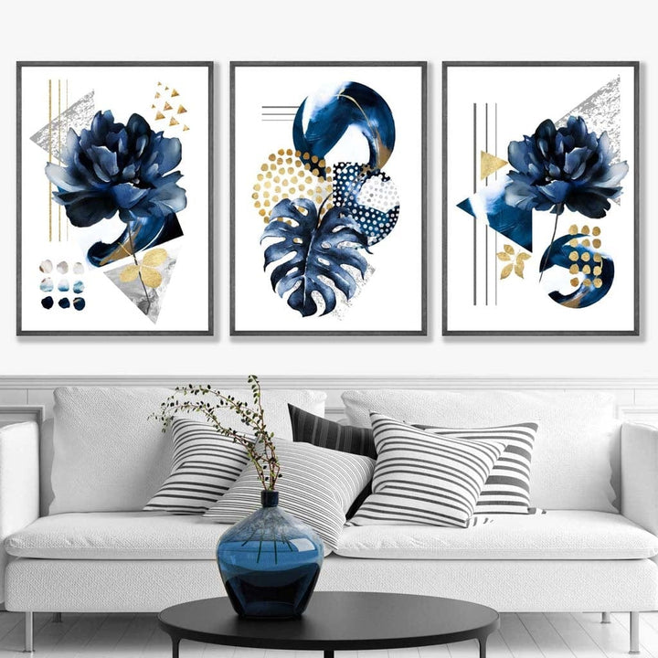 Abstraktes geometrisches Blumenmuster in Marineblau und Gold, 3er-Set Wandbilder