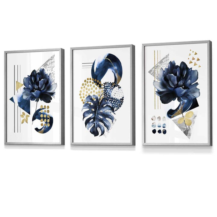 Abstraktes maritimes und goldenes botanisches Set aus 3 gerahmten Wandbildern