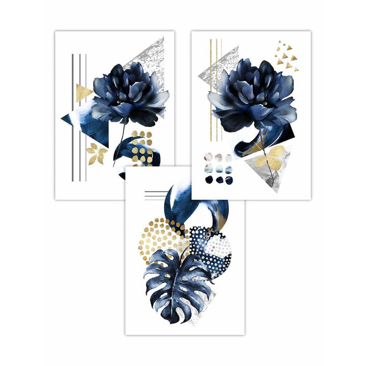Abstraktes geometrisches Blumenmuster in Marineblau und Gold, 3er-Set Wandbilder