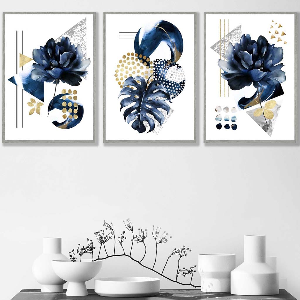 Abstraktes geometrisches Blumenmuster in Marineblau und Gold, 3er-Set Wandbilder