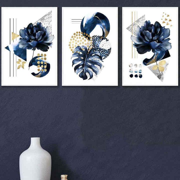 Abstraktes geometrisches Blumenmuster in Marineblau und Gold, 3er-Set Wandbilder