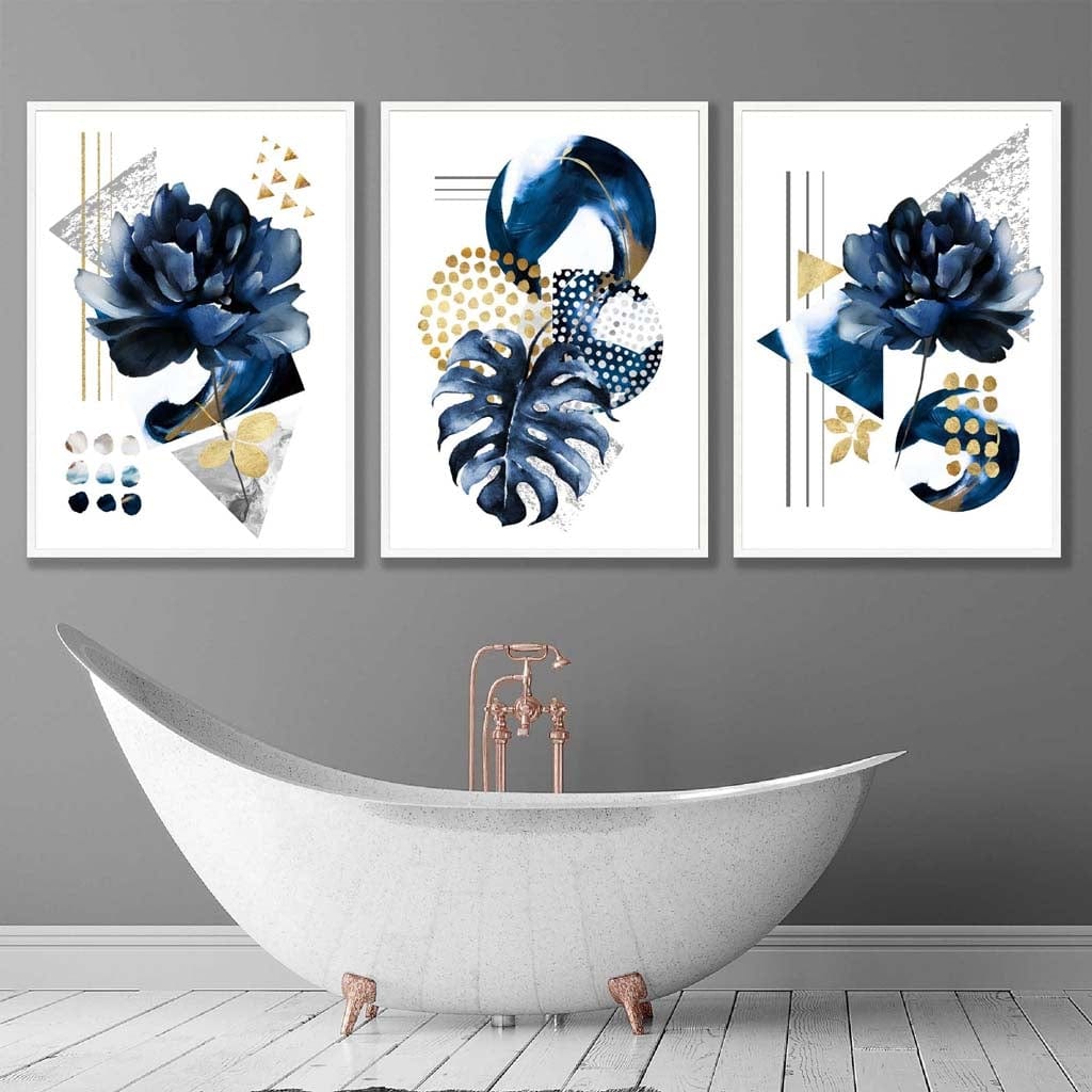 Abstraktes geometrisches Blumenmuster in Marineblau und Gold, 3er-Set Wandbilder