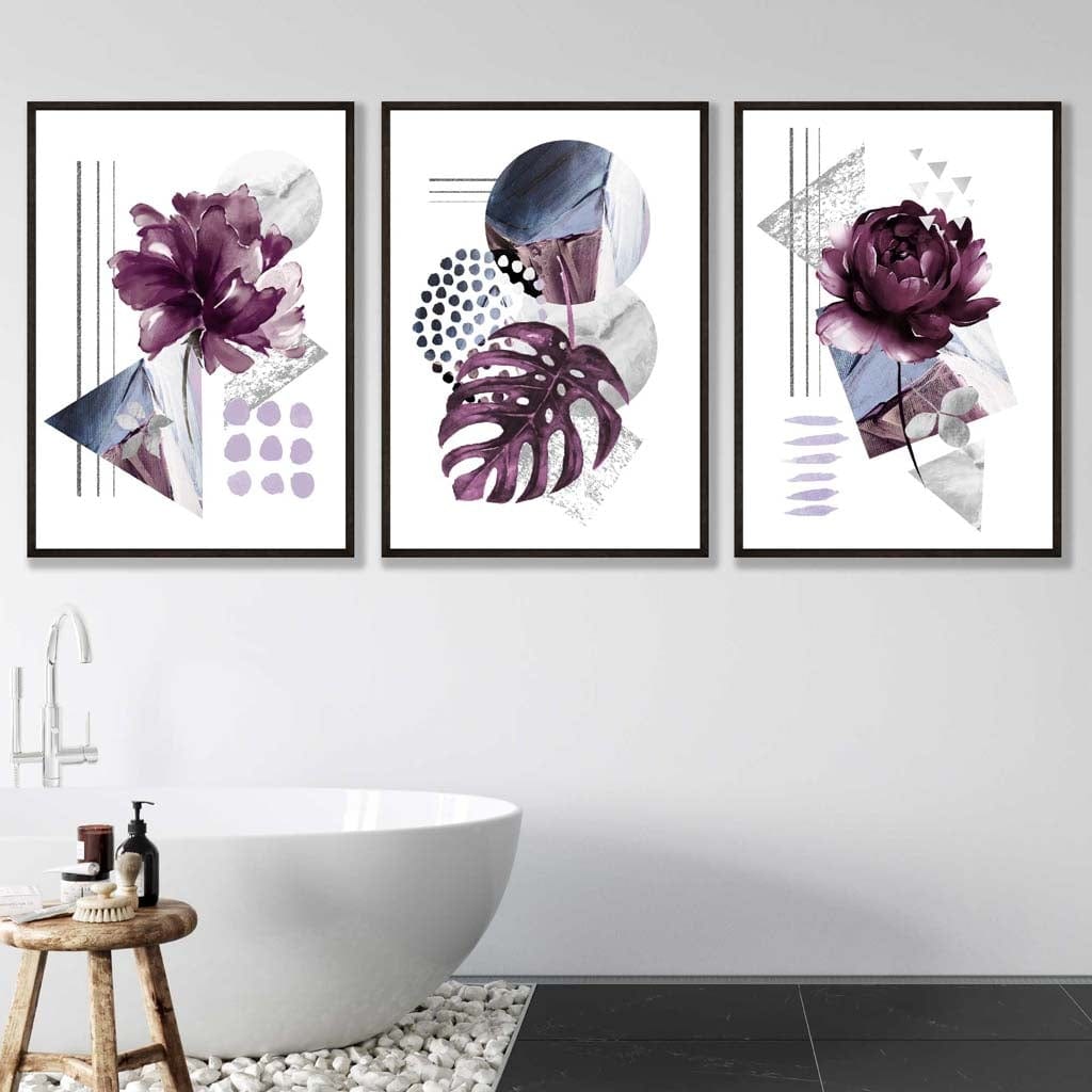 Abstrakte, lila und silbergraue florale Wandbilder mit Rahmen
