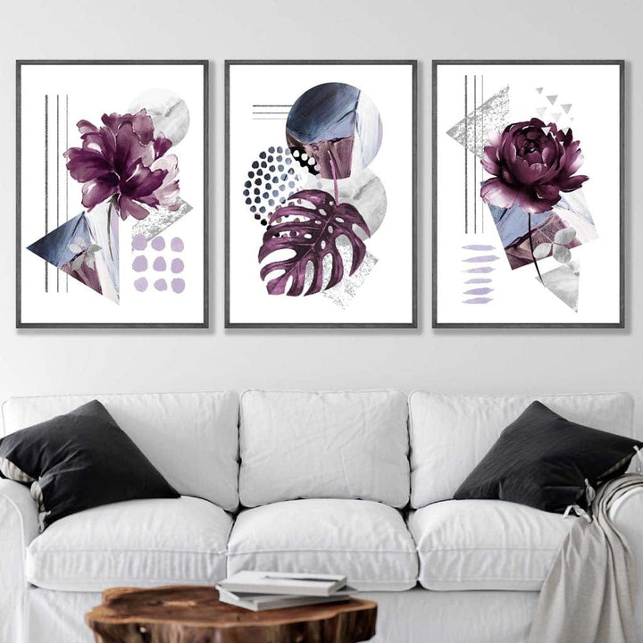 Modernes Set aus 3 Wandbildern mit lila-silbergrauen Blumenmotiven