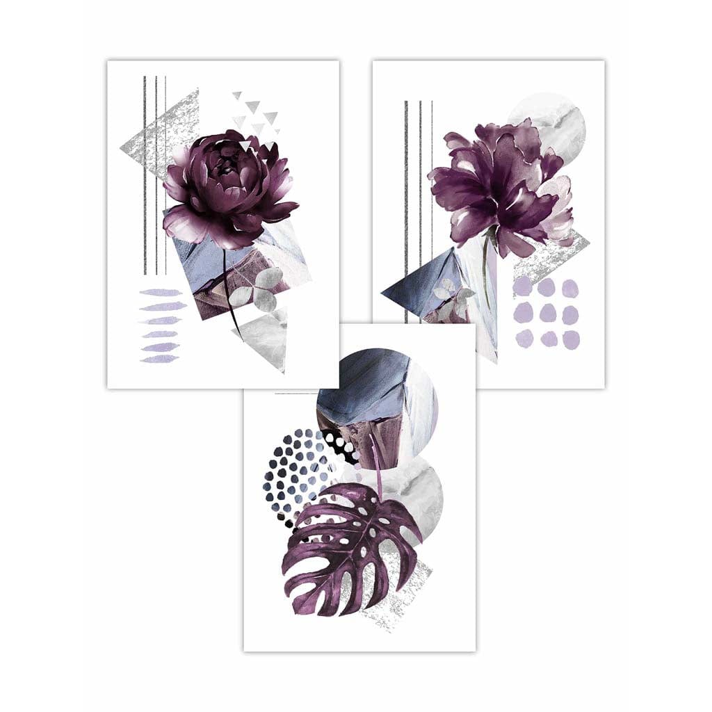 Modernes Set aus 3 Wandbildern mit lila-silbergrauen Blumenmotiven