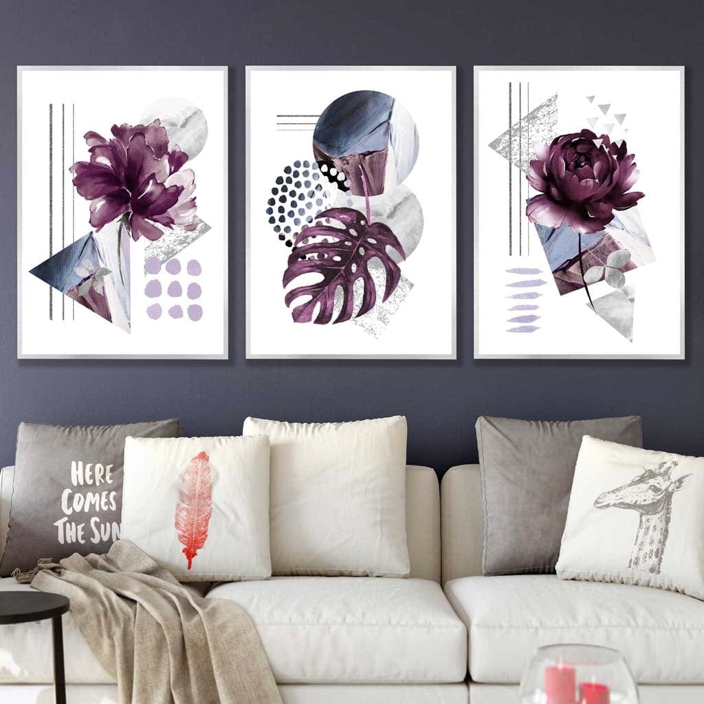 Modernes Set aus 3 Wandbildern mit lila-silbergrauen Blumenmotiven