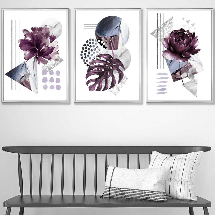 Modernes Set aus 3 Wandbildern mit lila-silbergrauen Blumenmotiven