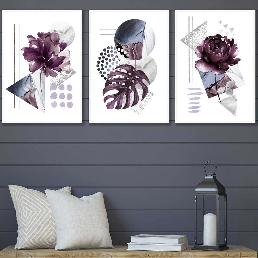 Modernes Set aus 3 Wandbildern mit lila-silbergrauen Blumenmotiven