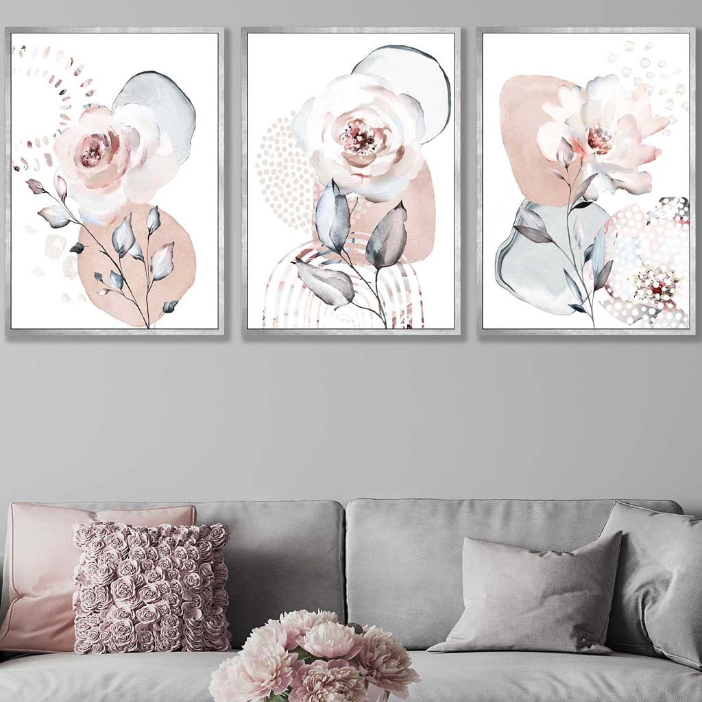 Abstrakte Kunstdrucke mit Blumen in Rosa und Grau
