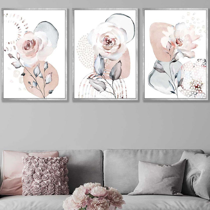 Abstrakte Kunstdrucke mit Blumen in Rosa und Grau