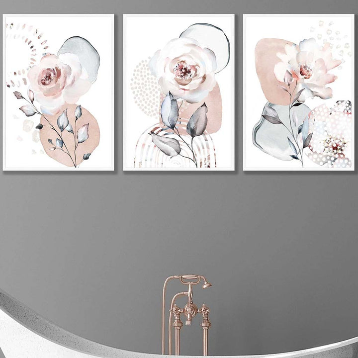 Abstrakte Kunstdrucke mit Blumen in Rosa und Grau