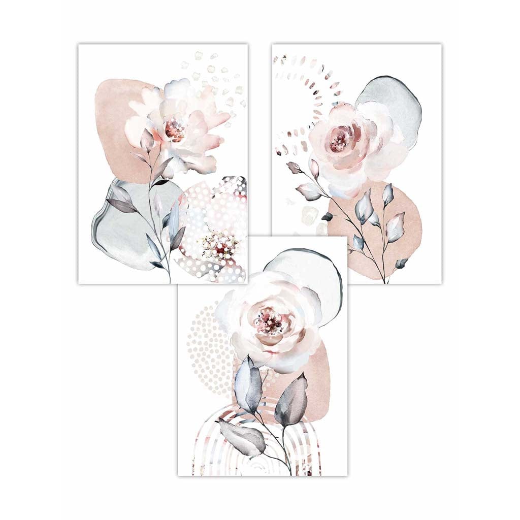 Abstrakte Kunstdrucke mit Blumen in Rosa und Grau