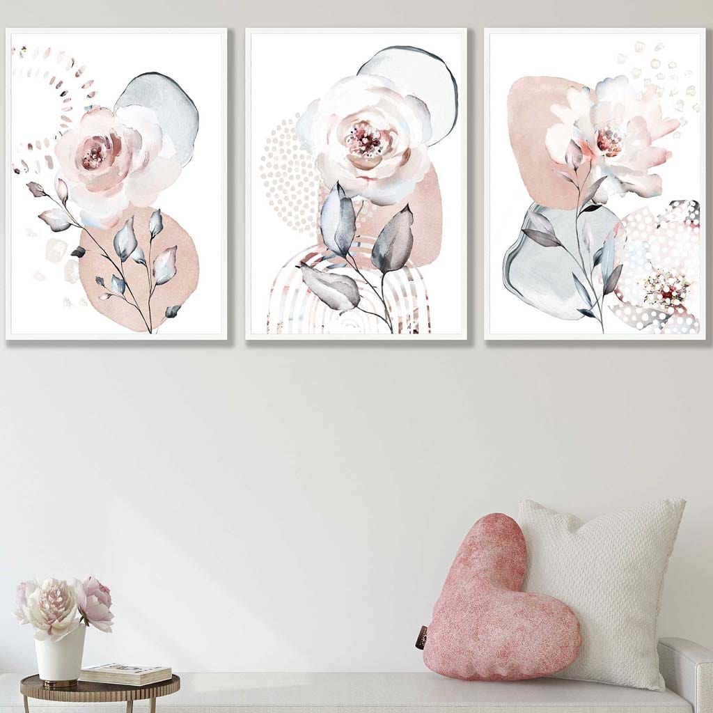 Abstrakte Kunstdrucke mit Blumen in Rosa und Grau