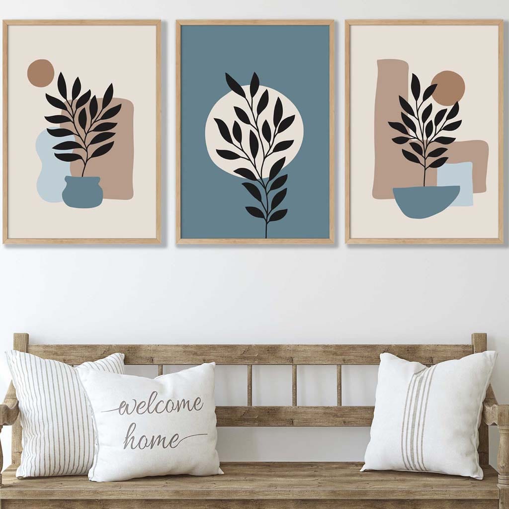Botanisches Set aus 3 Boho-Wandbildern in Blau und Braun