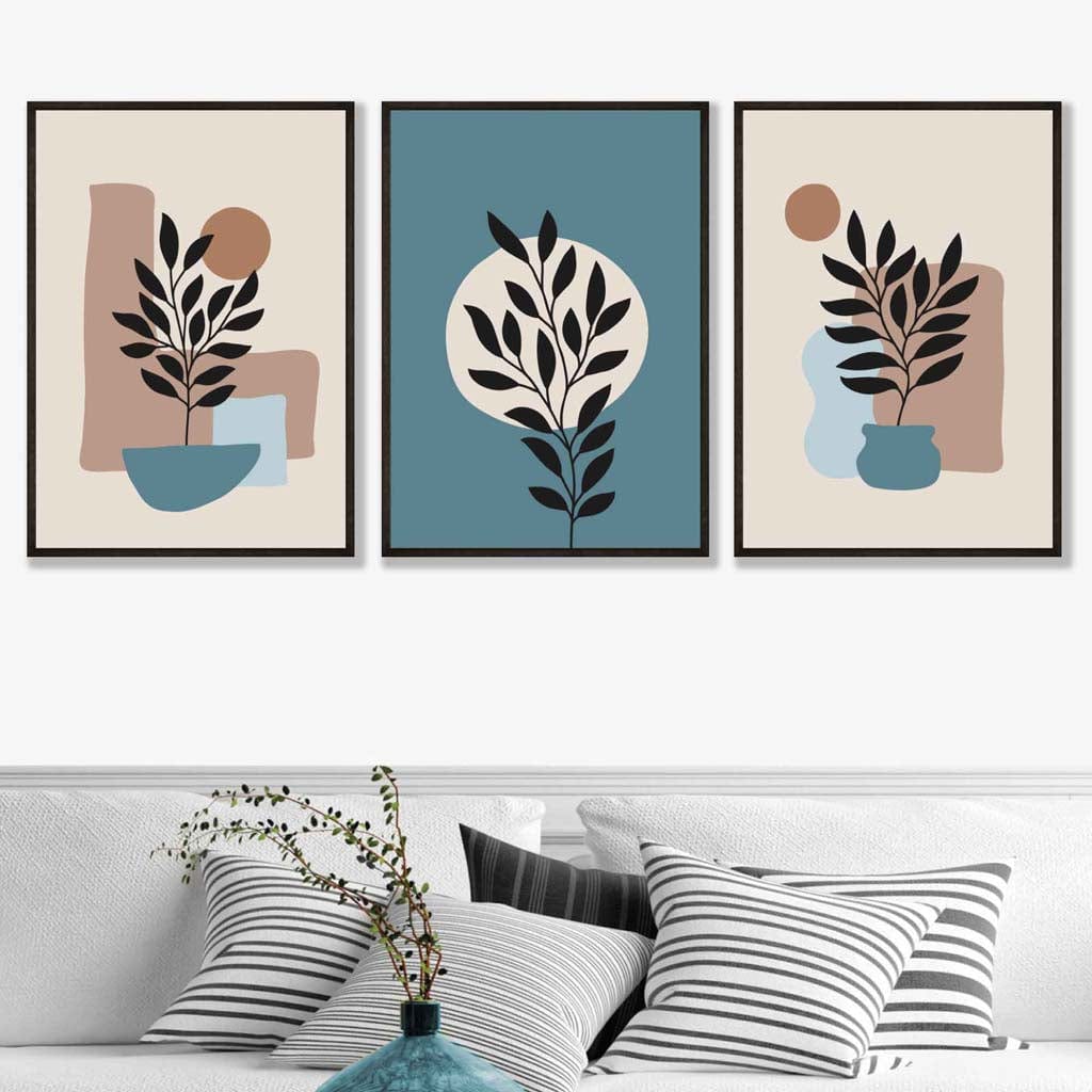 Botanisches Set aus 3 Boho-Wandbildern in Blau und Braun