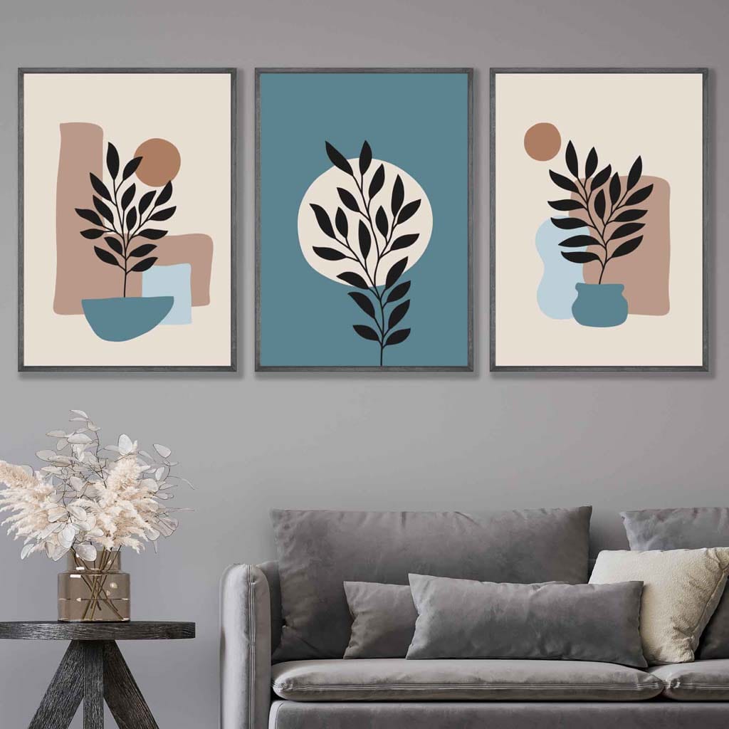 Botanisches Set aus 3 Boho-Wandbildern in Blau und Braun