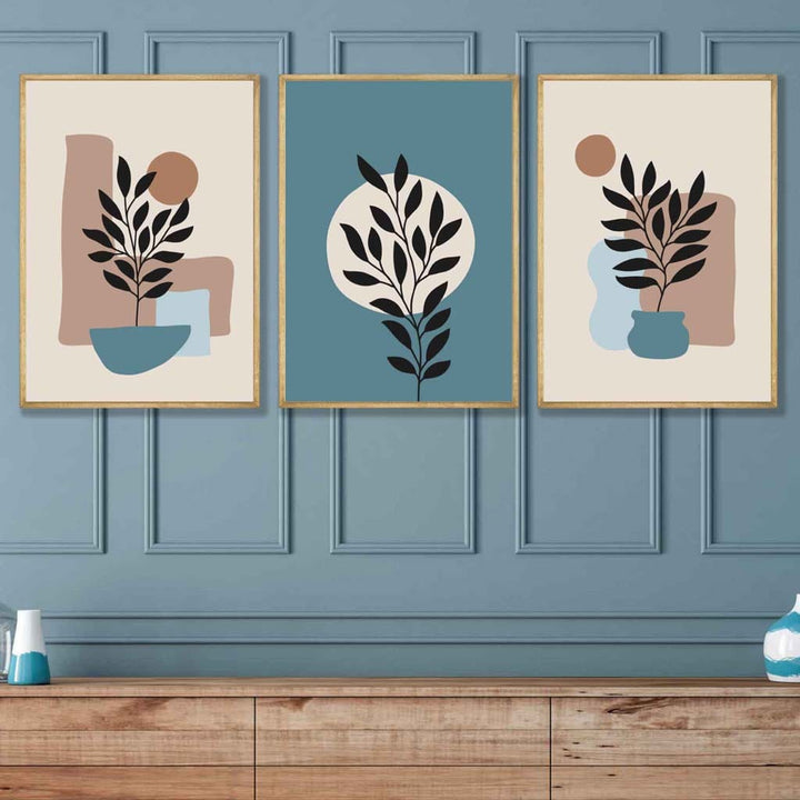 Botanisches Set aus 3 Boho-Wandbildern in Blau und Braun