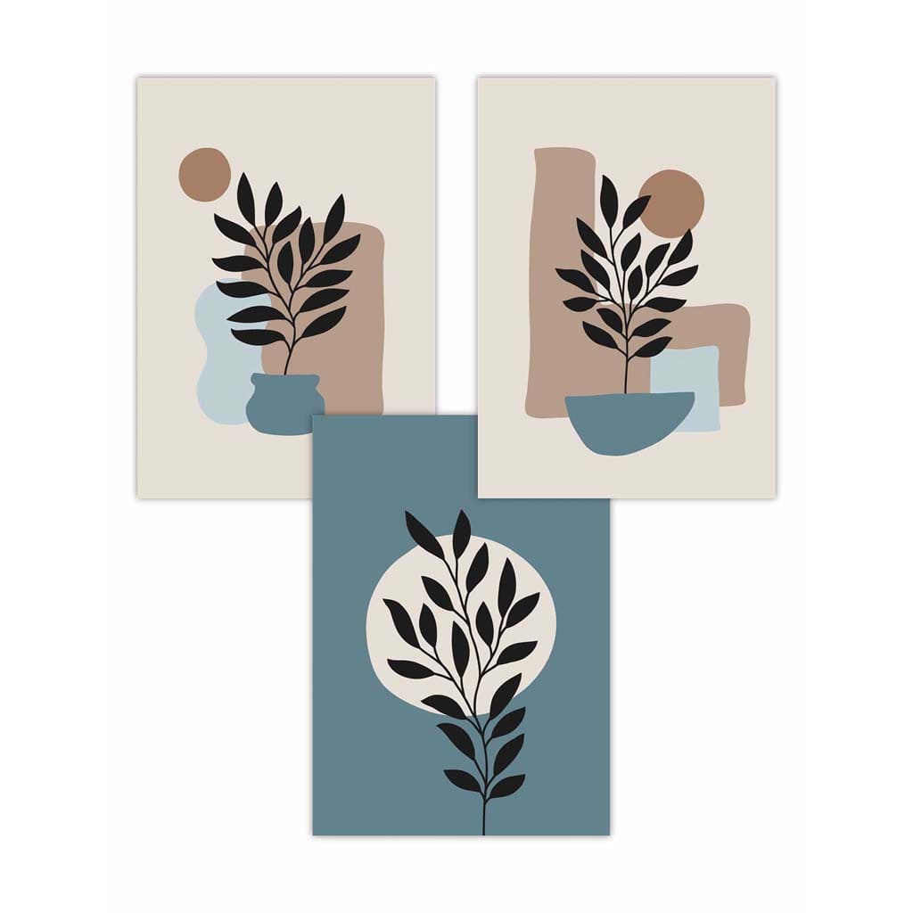 Botanisches Set aus 3 Boho-Wandbildern in Blau und Braun