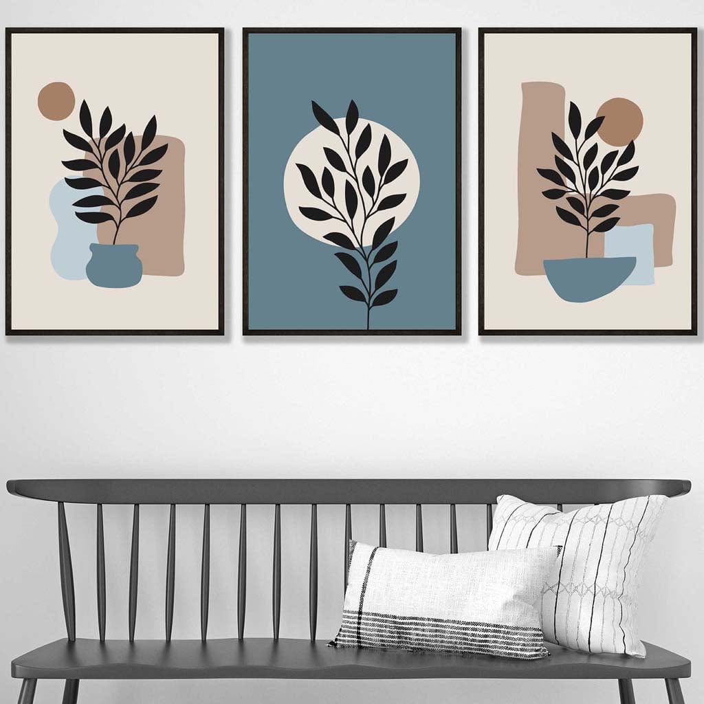 Botanisches Set aus 3 Boho-Wandbildern in Blau und Braun