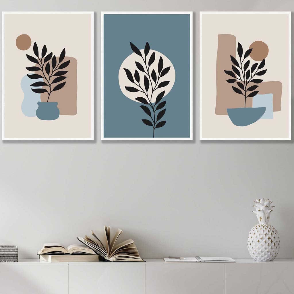 Botanisches Set aus 3 Boho-Wandbildern in Blau und Braun