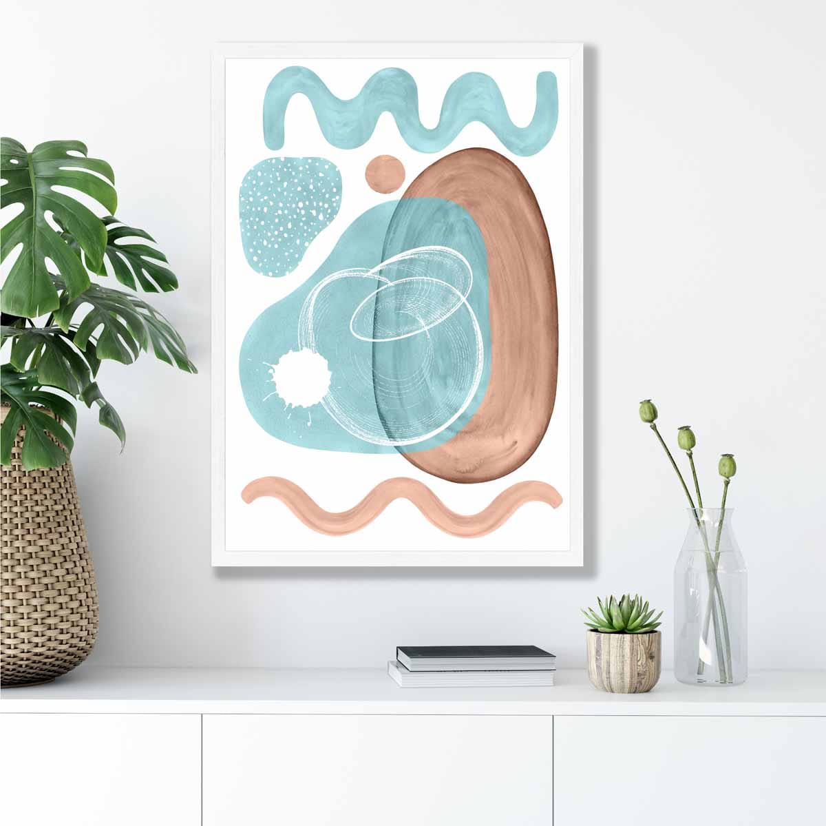 Abstraktes Wandposter in Aquablau und Beige Nr. 2