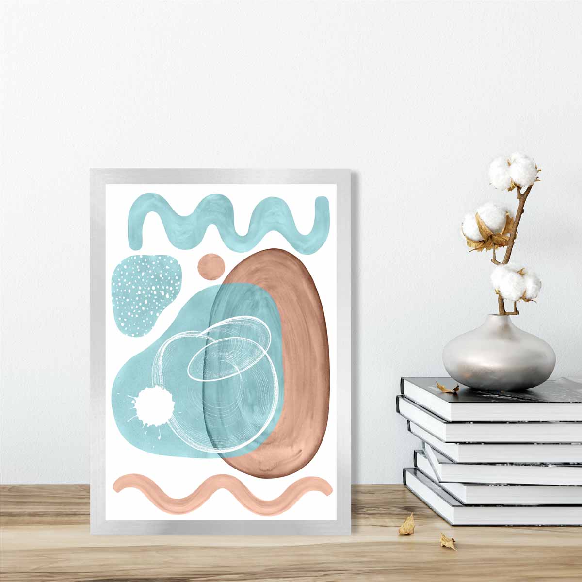 Abstraktes Wandposter in Aquablau und Beige Nr. 2