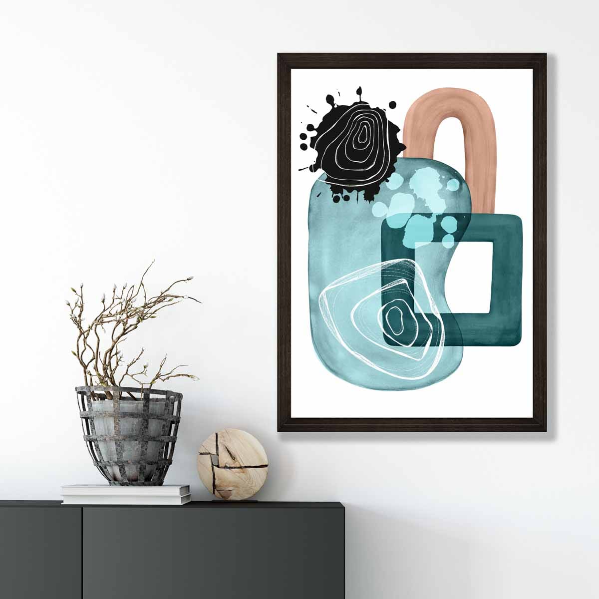 Abstraktes Wandposter in Aquablau und Beige Nr. 4