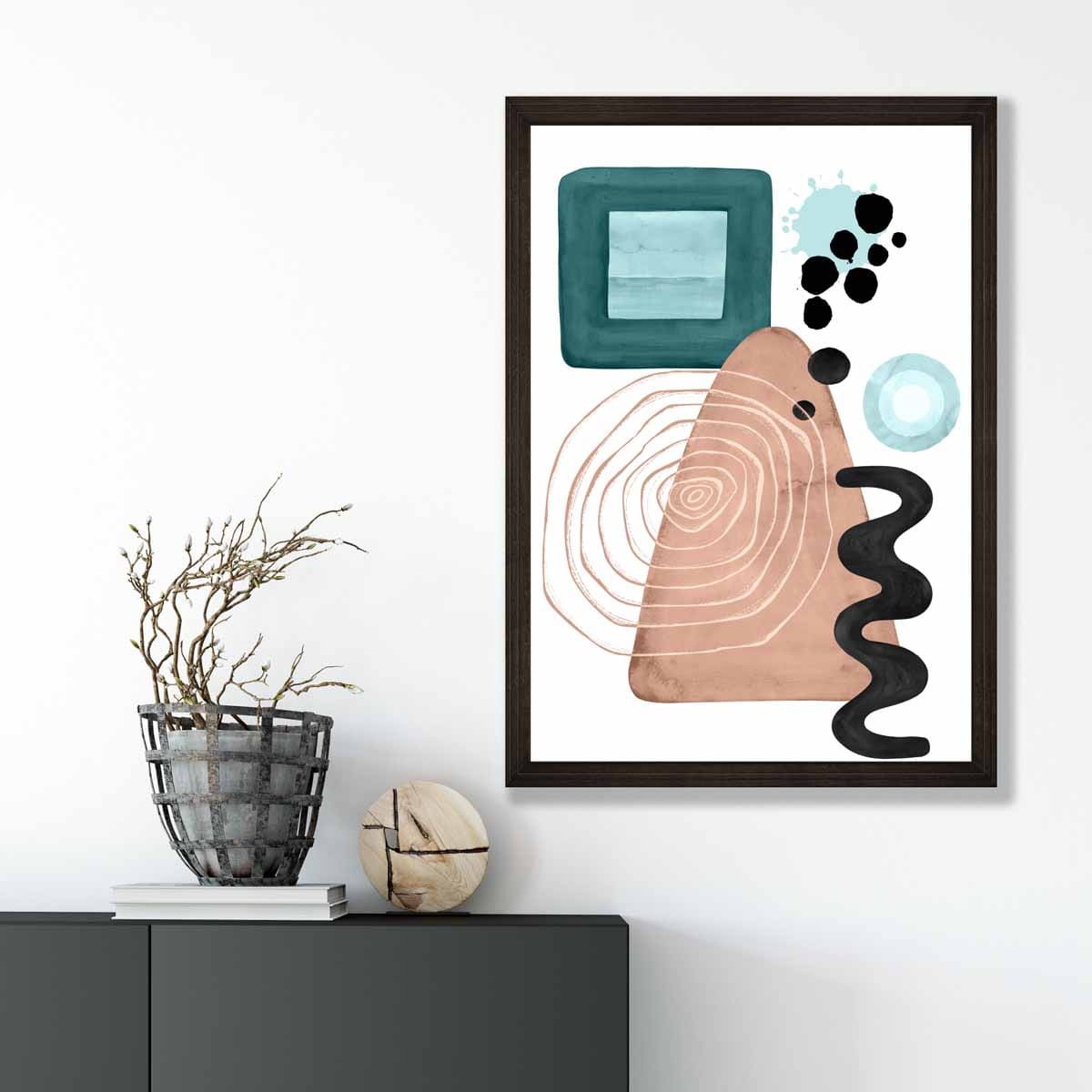 Abstraktes Wandposter in Aquablau und Beige Nr. 6