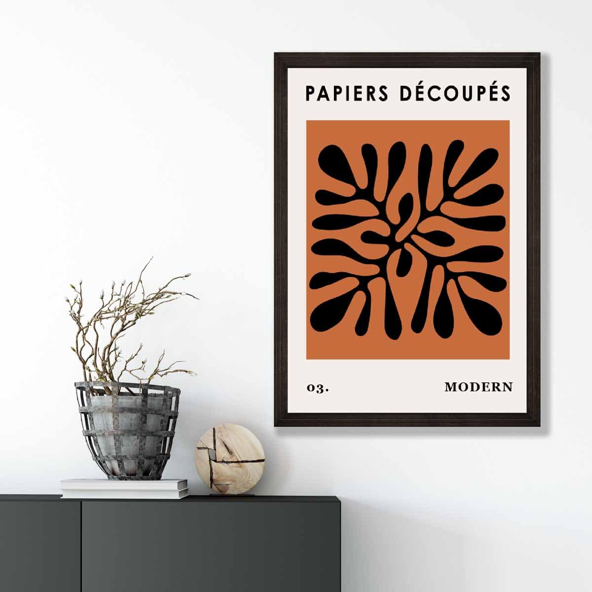 Abstraktes Blumenposter in Dunkelorange und Schwarz Nr. 3
