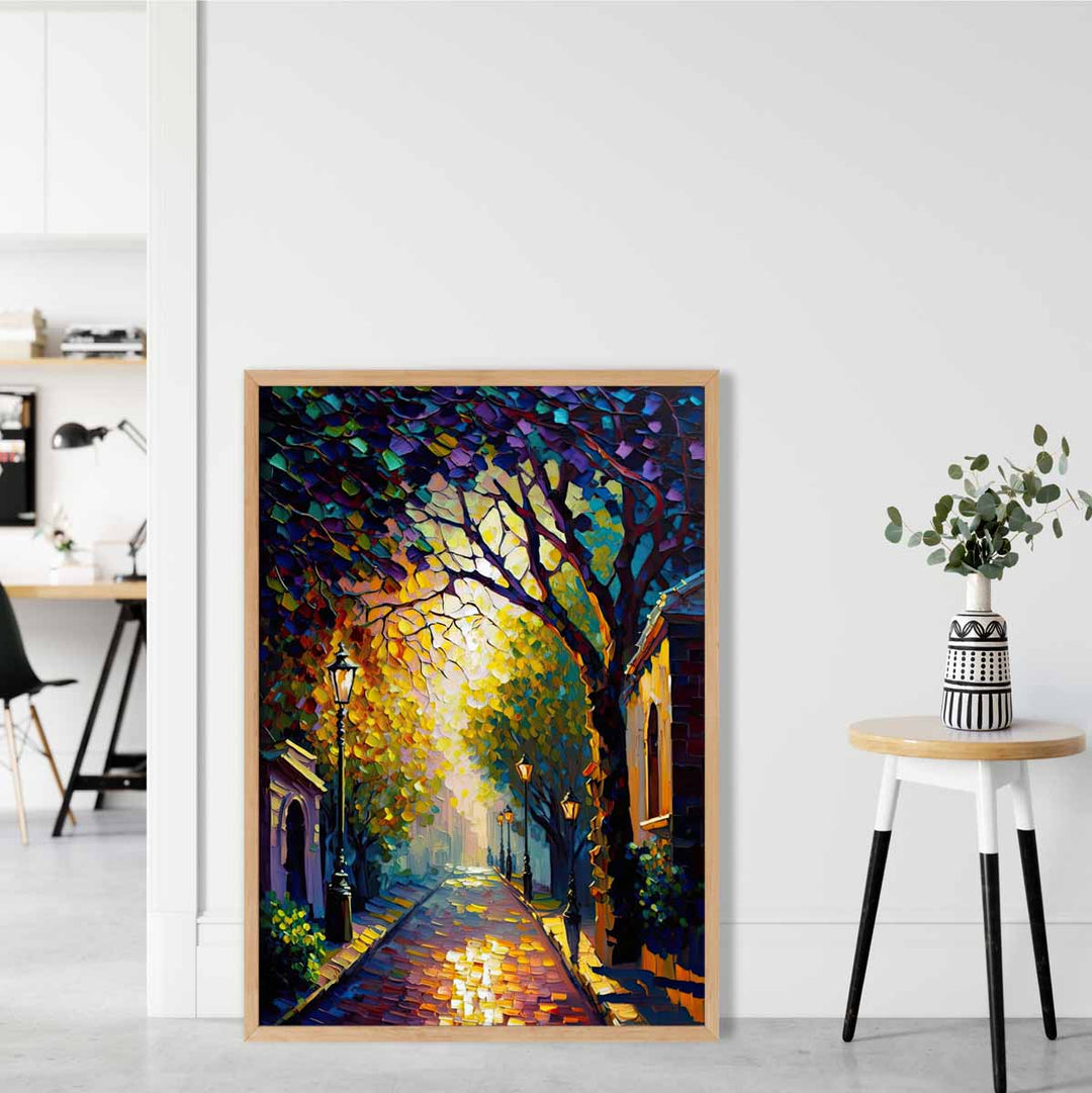 Herbstliche Dämmerung Straße – Spachtelmalerei – Kunstdruck Nr. 1