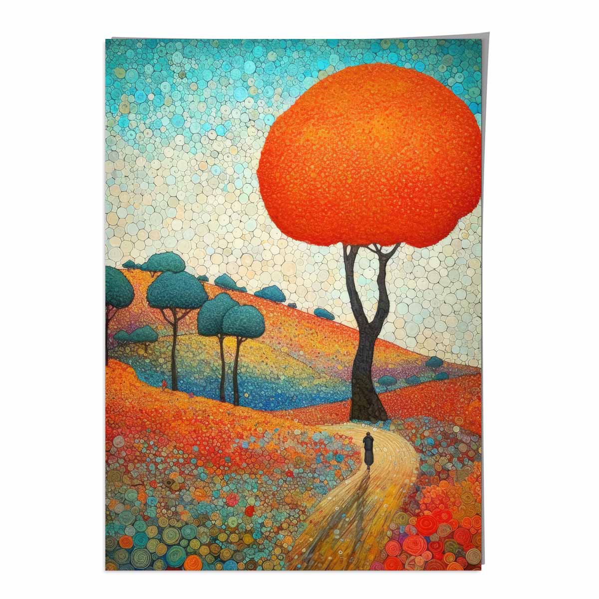 Abstraktes Gemälde mit farbenfrohen Hügeln und Bäumen (Kunstdruck)
