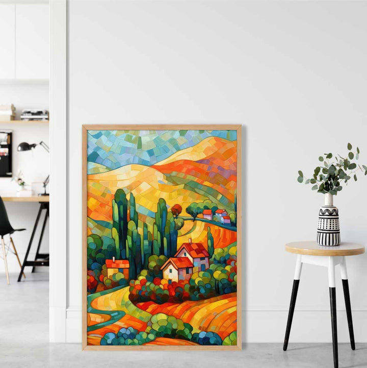 Farbenfrohe Landschaft mit Haus, abstraktes Gemälde, Kunstdruck