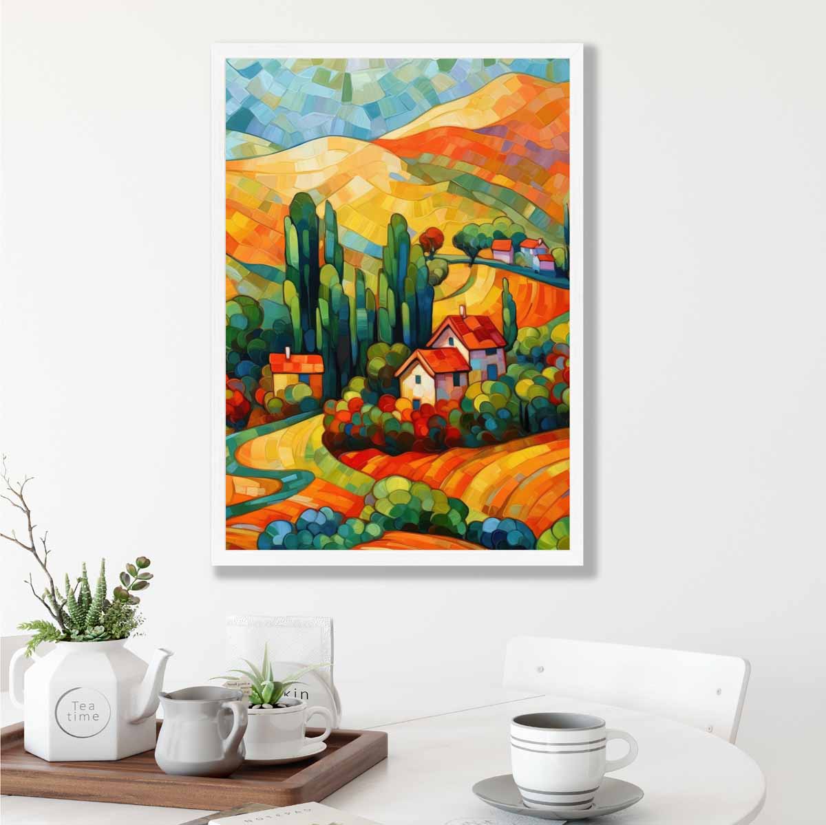 Farbenfrohe Landschaft mit Haus, abstraktes Gemälde, Kunstdruck