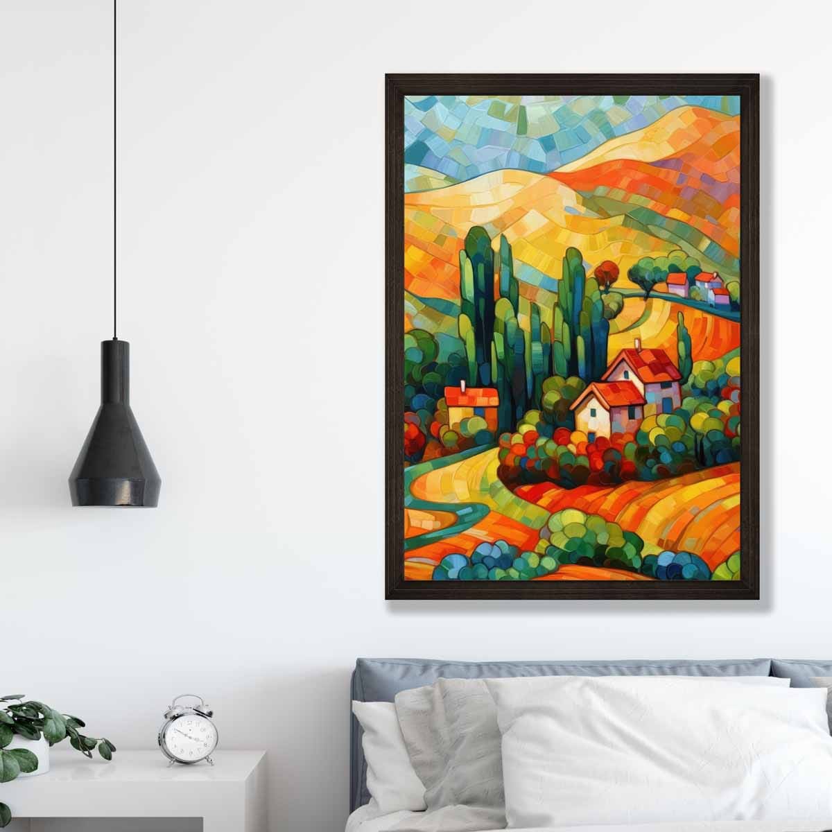 Farbenfrohe Landschaft mit Haus, abstraktes Gemälde, Kunstdruck