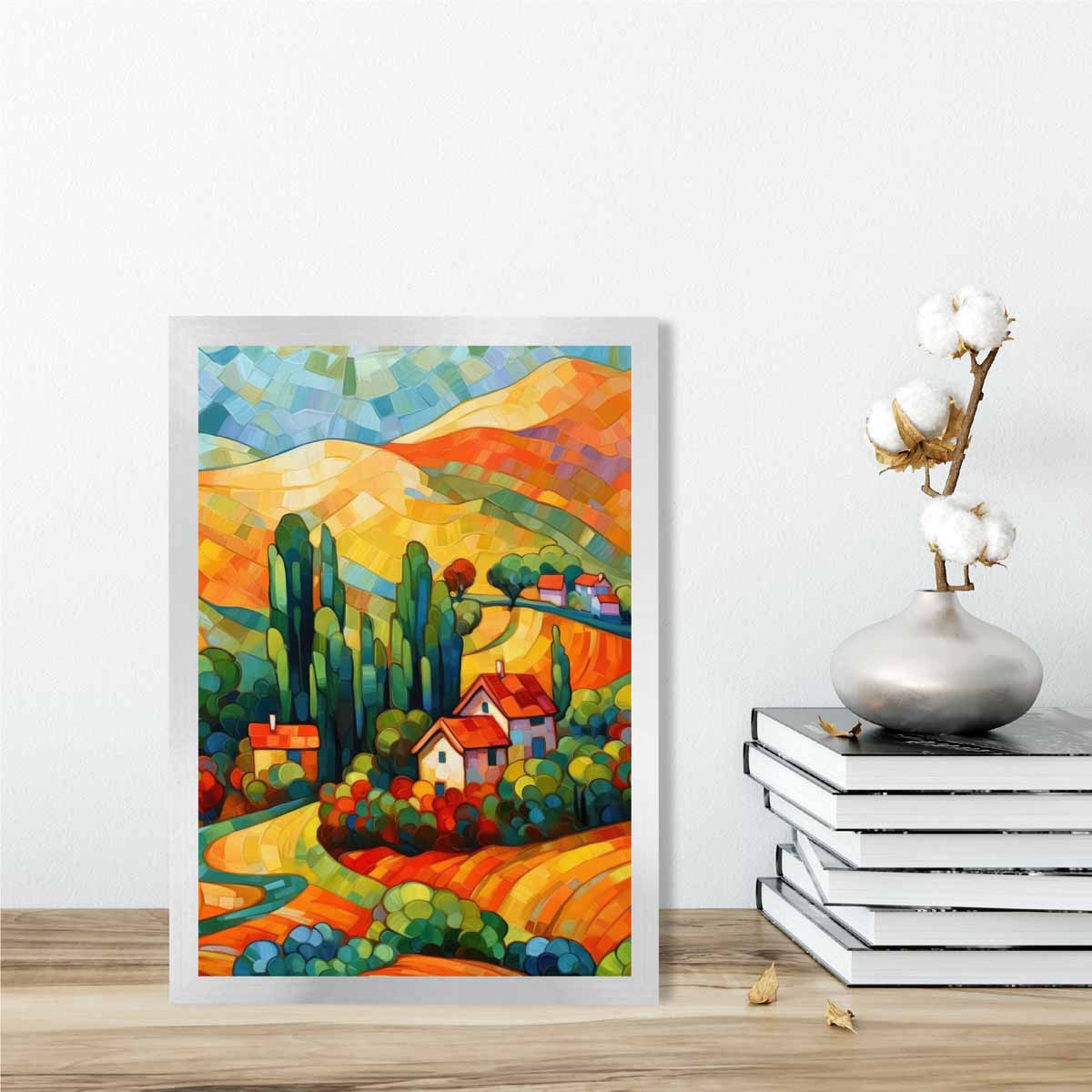 Farbenfrohe Landschaft mit Haus, abstraktes Gemälde, Kunstdruck