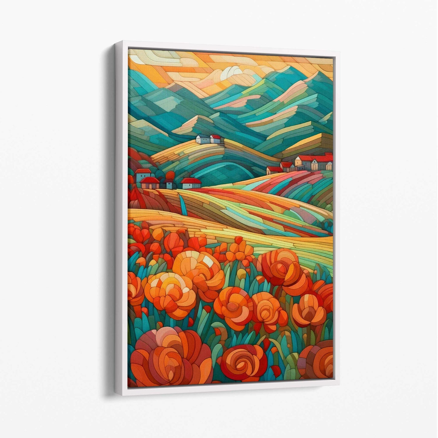 Farbenfrohe Landschaft mit roten Blumen, abstraktes Gemälde, Leinwanddruck